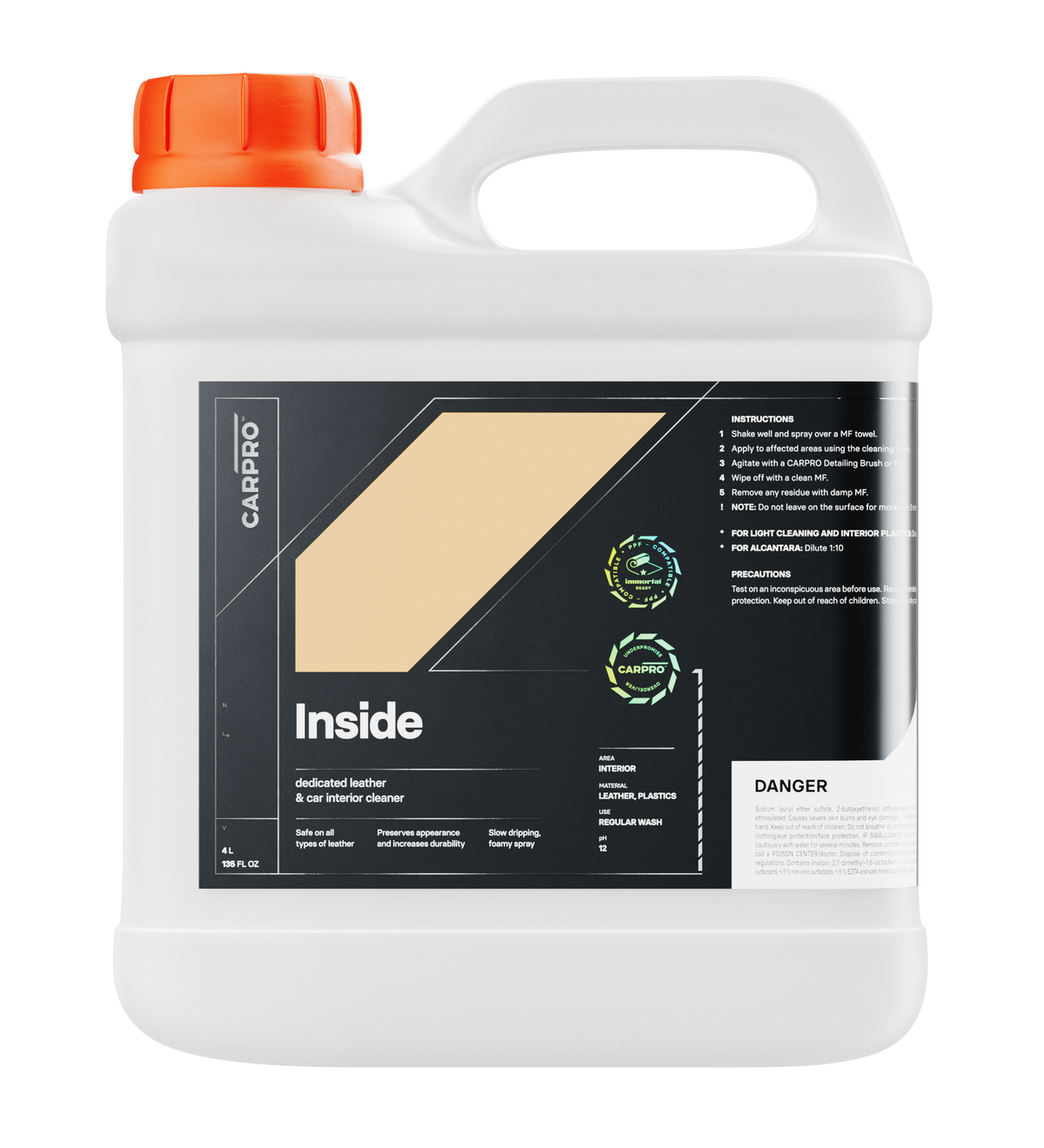 CarPro Inside leather and car interior cleaner spray bottle with white and black label