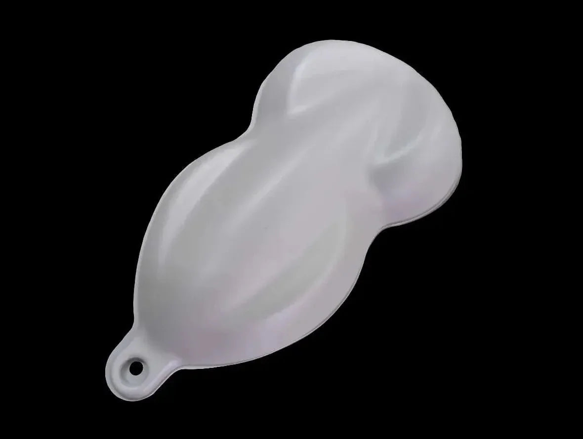 Glossy white pearlescent automotive paint color swatch on black background
