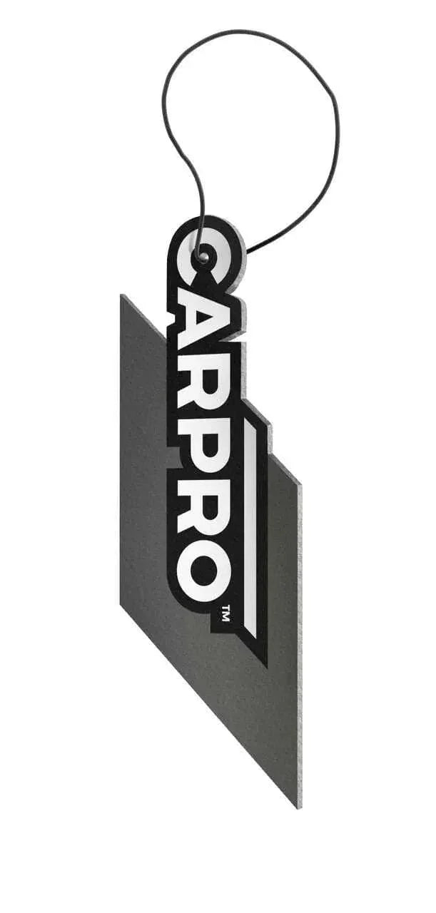 CarPro black and white hanging car air freshener with bold logo design