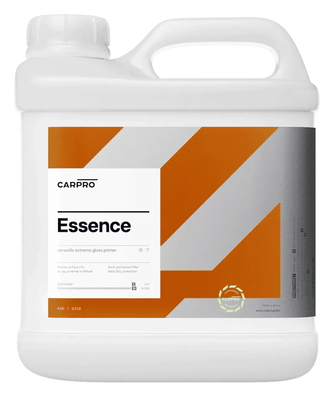White plastic jug of CarPro Essence versatile extreme gloss primer with orange and gray label