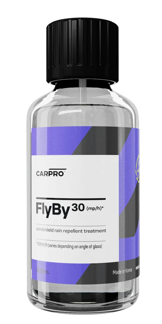 CarPro FlyBy 30 windshield rain repellent treatment bottle with black cap and purple label