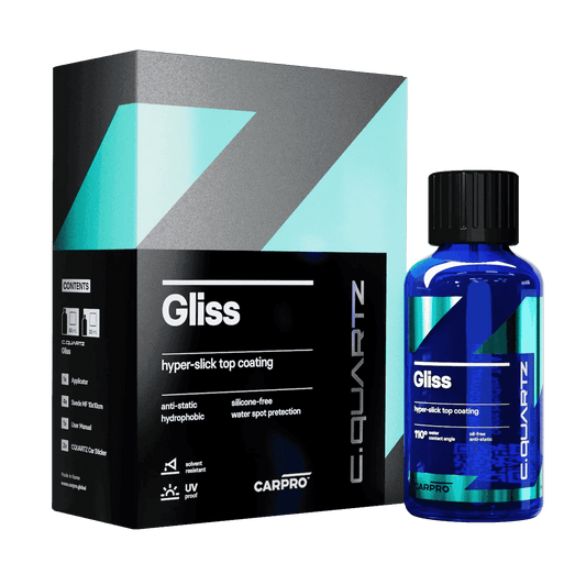 CarPro Gliss hyper-slick top coating box and blue bottle with anti-static hydrophobic formula