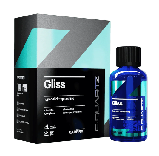 CarPro Gliss hyper-slick top coating box and blue bottle with anti-static hydrophobic formula
