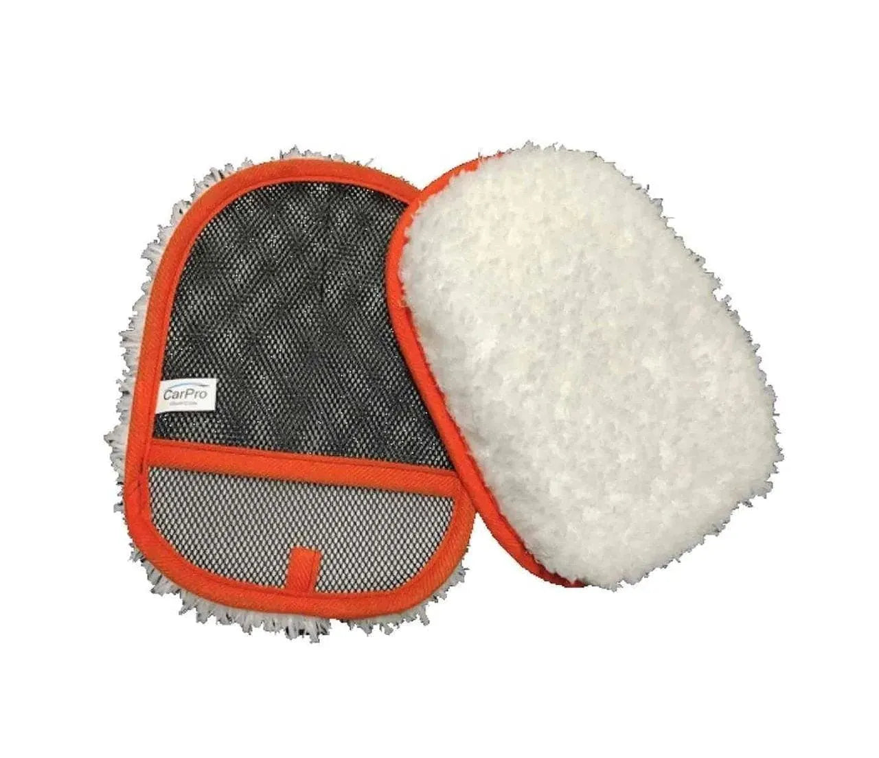 CarPro microfiber hand wash mitt with soft white fibers and black grip mesh edged in orange