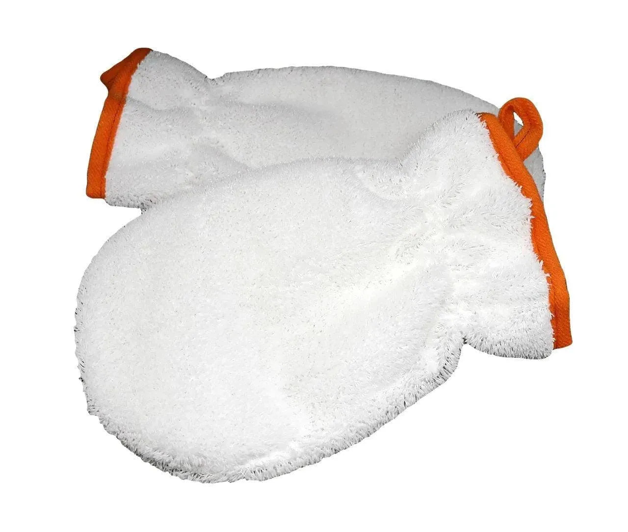 Pair of white microfiber inner scrub gloves with orange trim for car cleaning