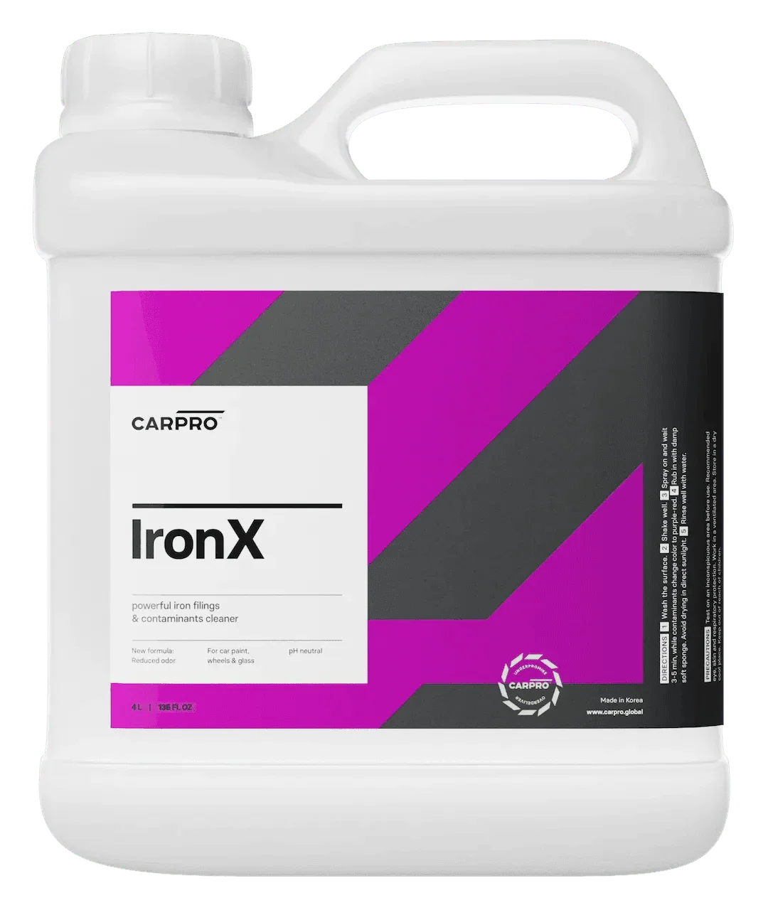CarPro IronX powerful iron filings and contaminants cleaner 4L bottle for car paint, wheels, and glass