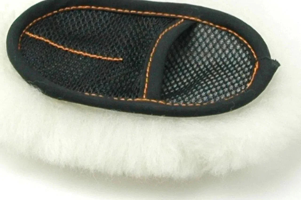 Black car detailing mitt with orange stitching and soft white merino wool side