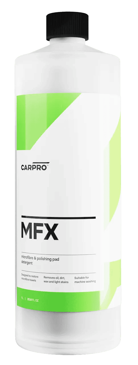 CarPro MFX microfiber and polishing pad detergent bottle with green and white label for cleaning