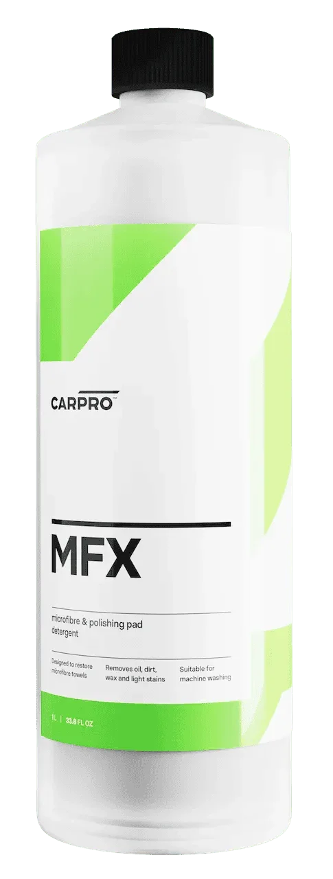CarPro MFX microfiber and polishing pad detergent bottle with green and white label for cleaning