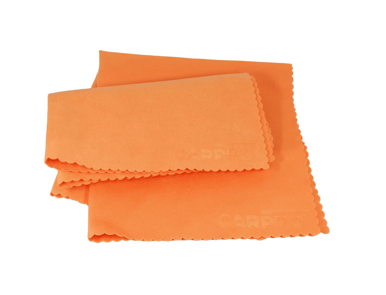 Orange CarPro suede microfiber towels with scalloped edges for car detailing and cleaning
