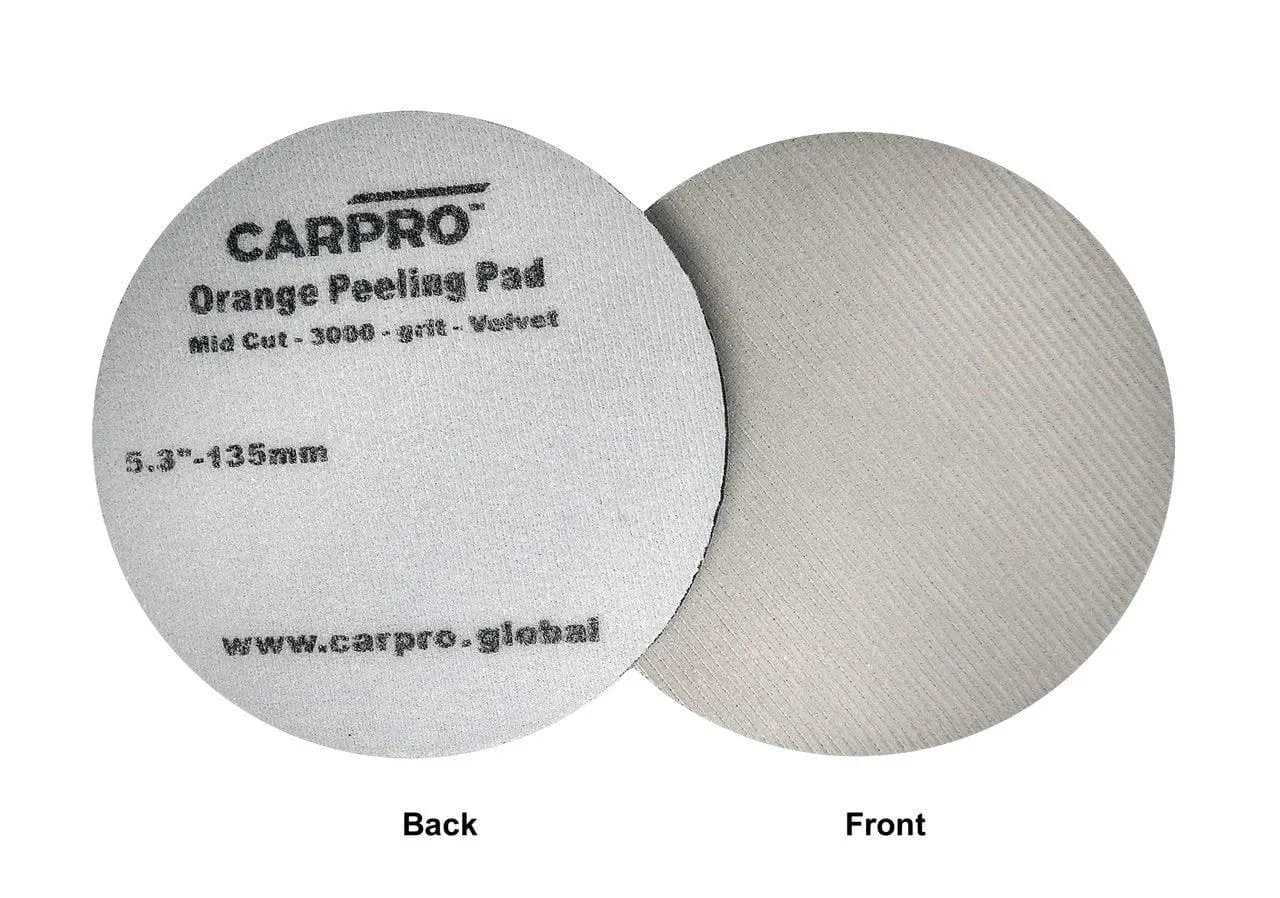 CarPro Orange Peeling Pad 5.3-inch 135mm mid cut 3000 grit velvet polishing pad front and back
