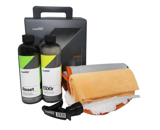 CarPro car wash kit with Reset shampoo, Elixir detailer, microfiber towels, and spray nozzle