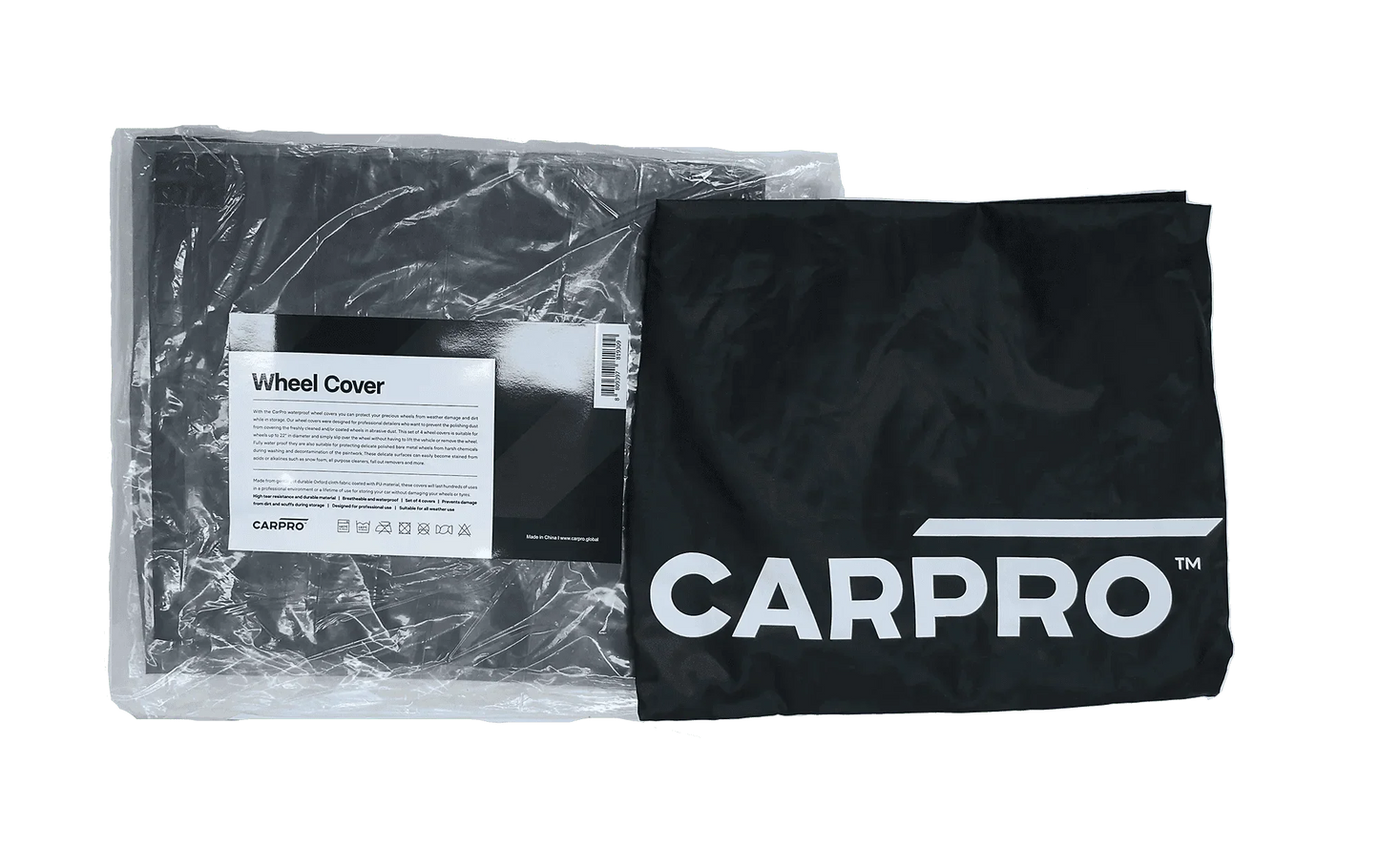 CarPro black waterproof wheel covers packaging and folded cover with white logo
