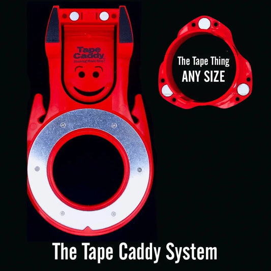 Red Tape Caddy System with silver ring and round Tape Thing adapter, black background, masking tape tool