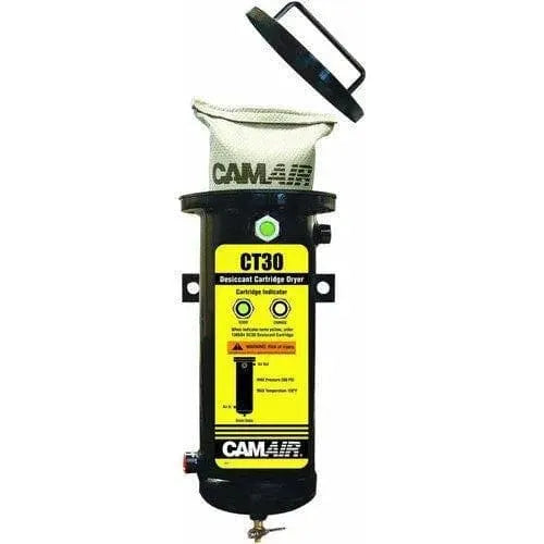 CAMAIR CT30 desiccant cartridge dryer air filter with open lid, black and yellow wall-mounted unit