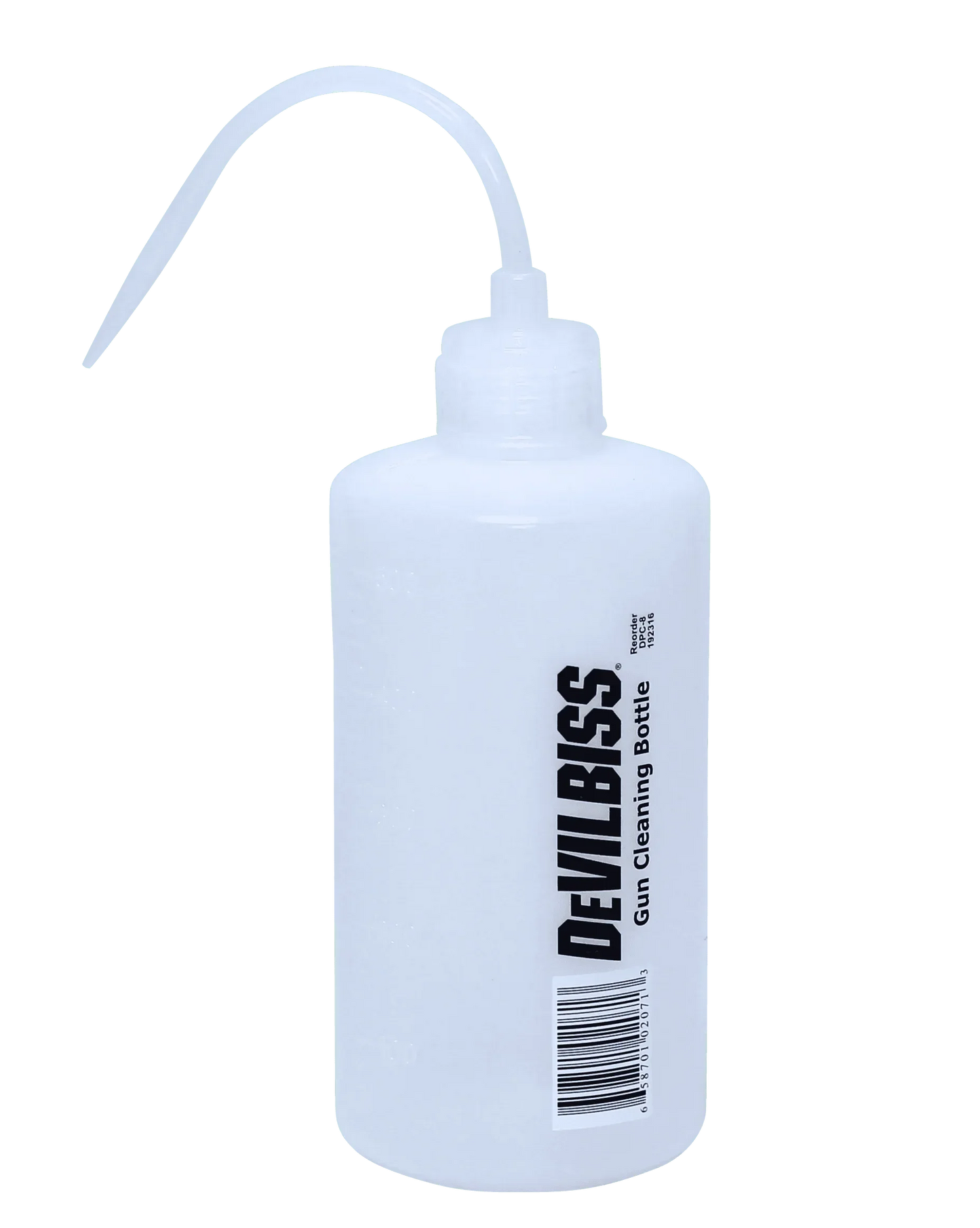 DeVilbiss plastic gun cleaning bottle with a long curved nozzle for spray paint gun maintenance