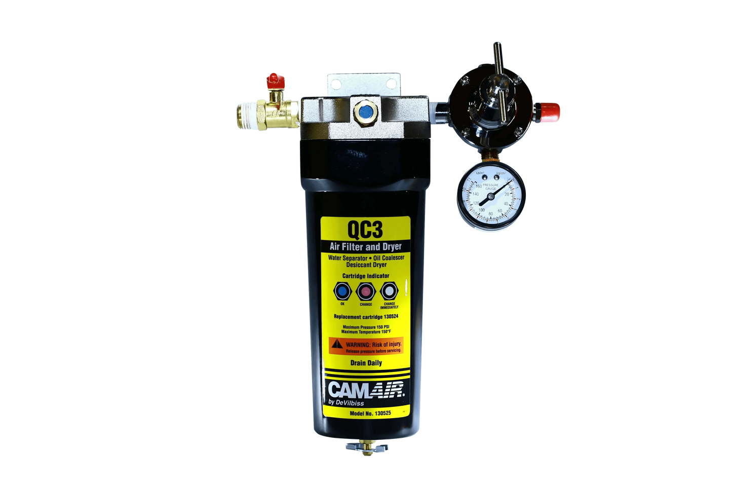 DeVilbiss QC3 air filter and dryer with pressure gauge and brass valve, black and yellow design