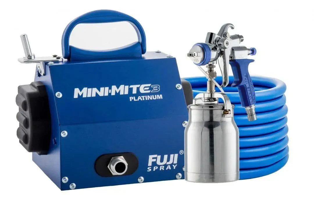 Fuji Mini-Mite 3 Platinum spray gun with blue compressor and coiled blue air hose