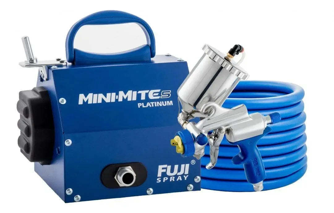 Fuji Mini-Mite 5 Platinum HVLP paint sprayer with blue coil hose and silver spray gun