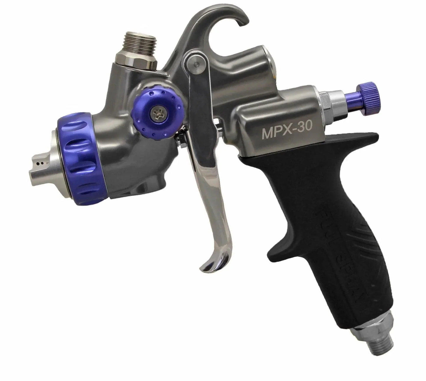Fuji Spray MPX-30 gravity feed paint spray gun with metallic body and black ergonomic grip