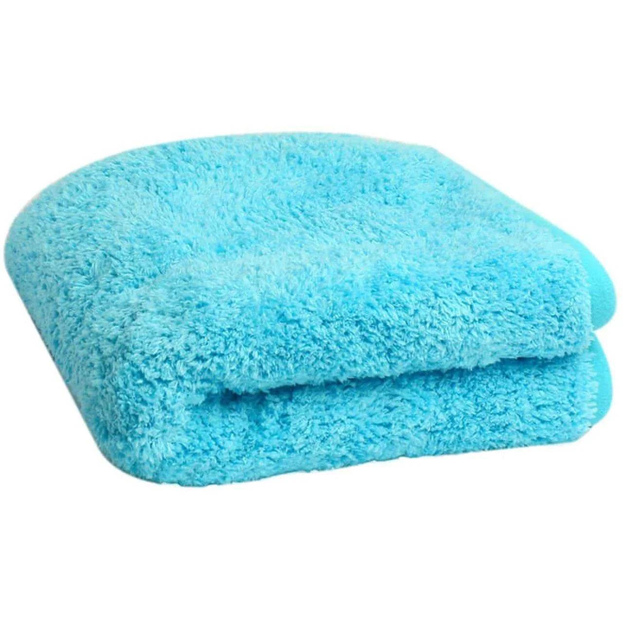 Folded light blue microfiber towel with fluffy texture on white background