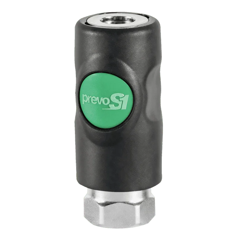 Prevost Hi-Flow safety coupler with black body and green button, metal hex base fitting