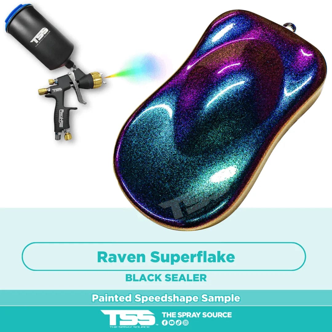 Raven Superflake Pre-Sprayed Speedshape Paint Sample (Black Ground Coat) - The Spray Source - Alpha Pigments