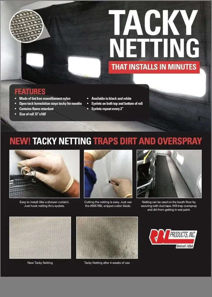 RBL white tacky netting in a spray booth showing installation, features, and dirt trapping after use
