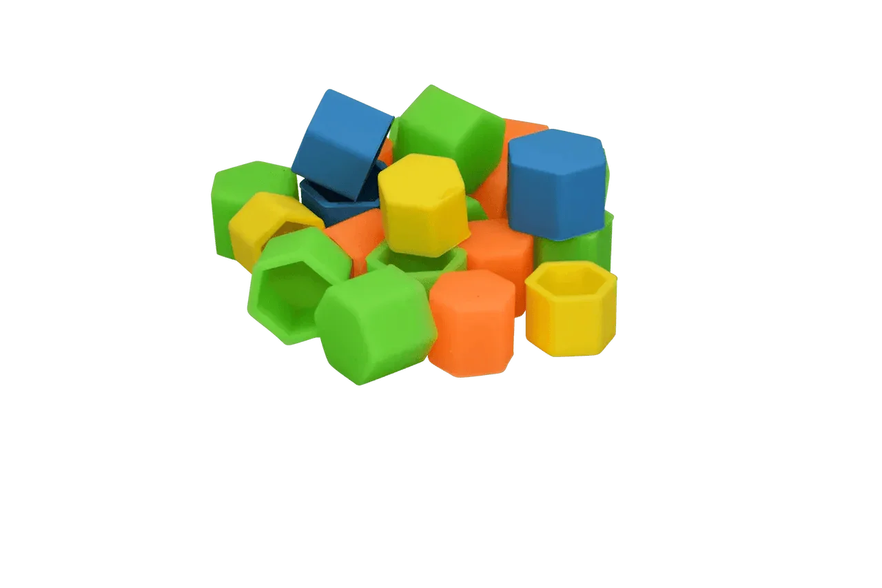 Colorful silicone cleaning caps in blue, green, yellow, and orange for spray nozzles