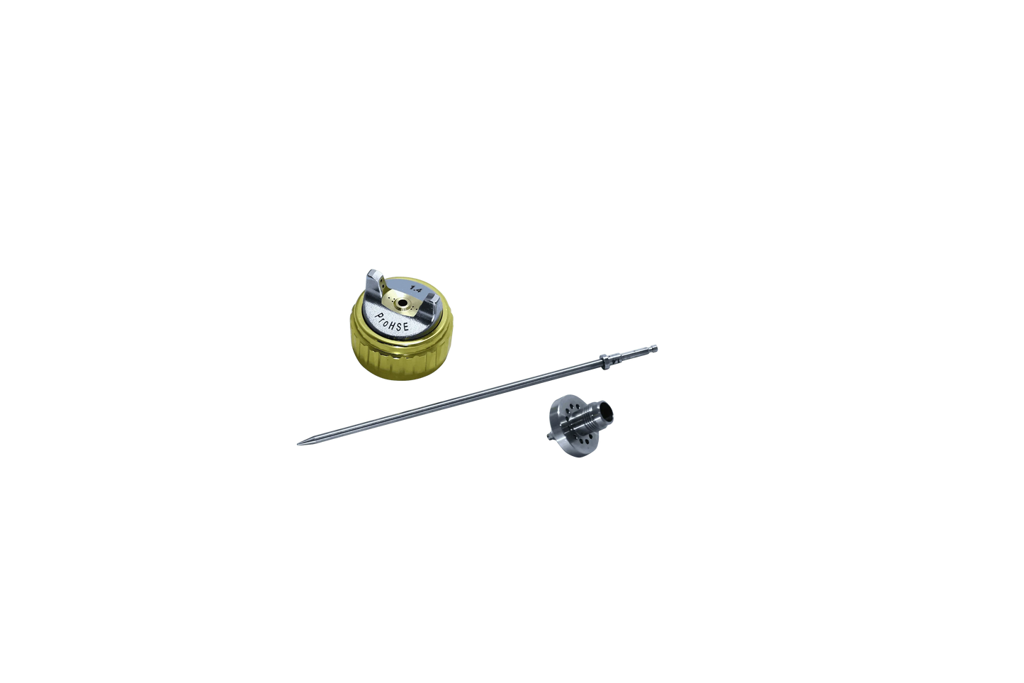 The Spray Source ProHSE 1.4mm airbrush needle kit with yellow nozzle cap and stainless steel needle parts