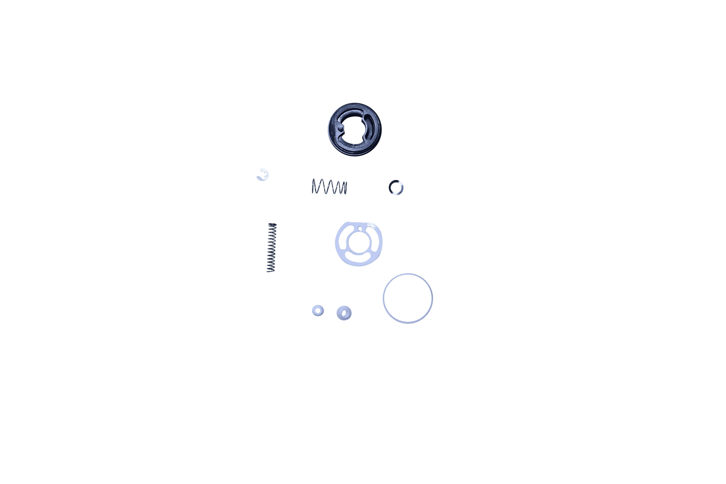 The Spray Source ProHSETM rebuild kit with small metal and plastic parts on black background