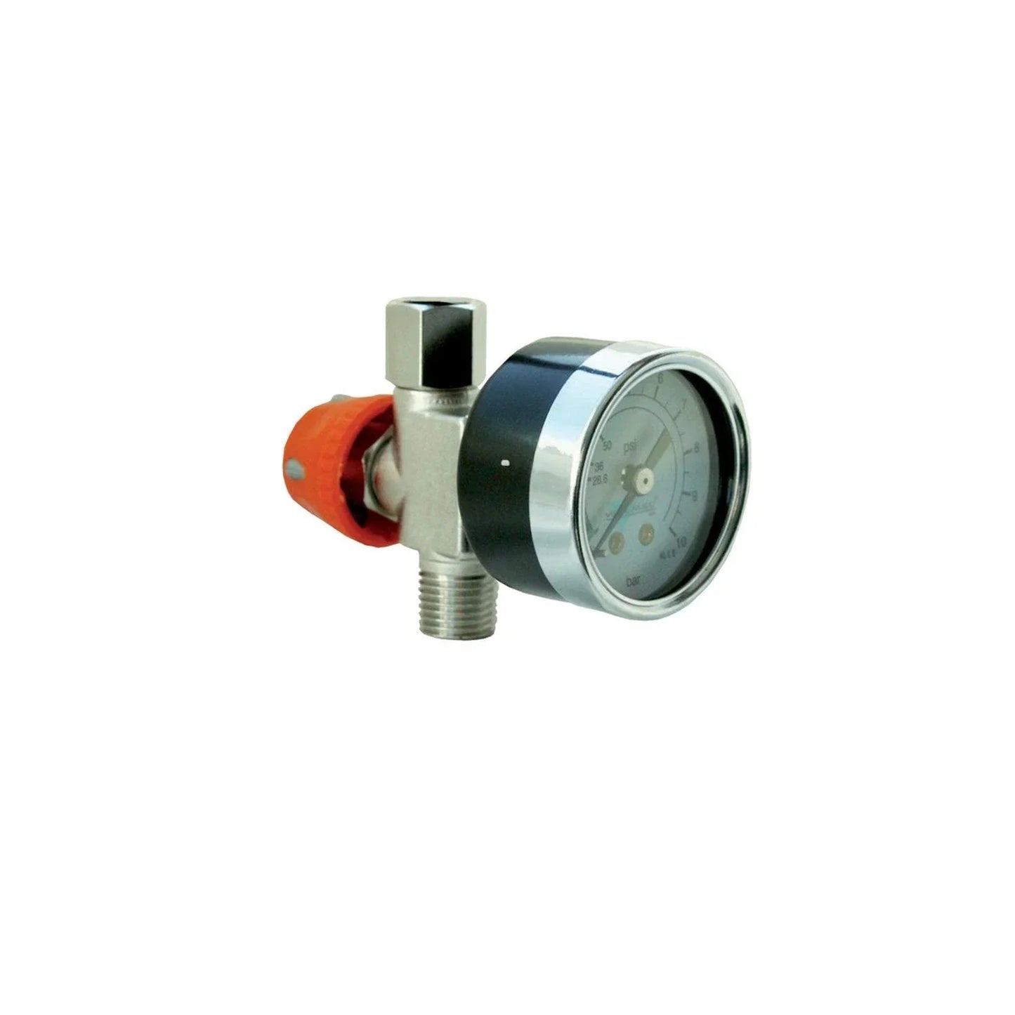 Walcom pressure regulator with gauge and orange adjustment knob on white background