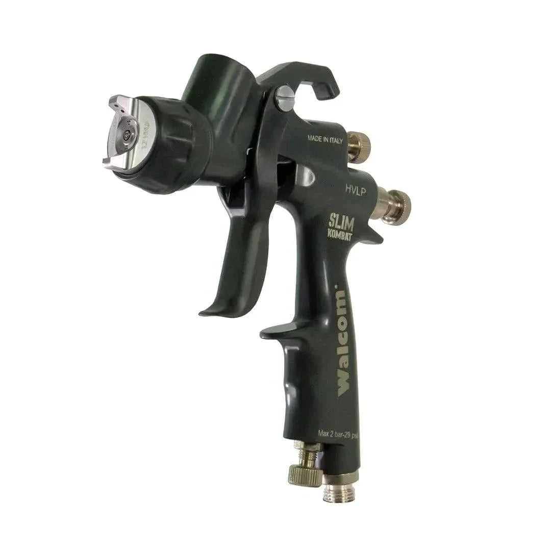 Walcom Slim Kombat HVLP spray gun in black with metallic adjustment knobs, made in Italy