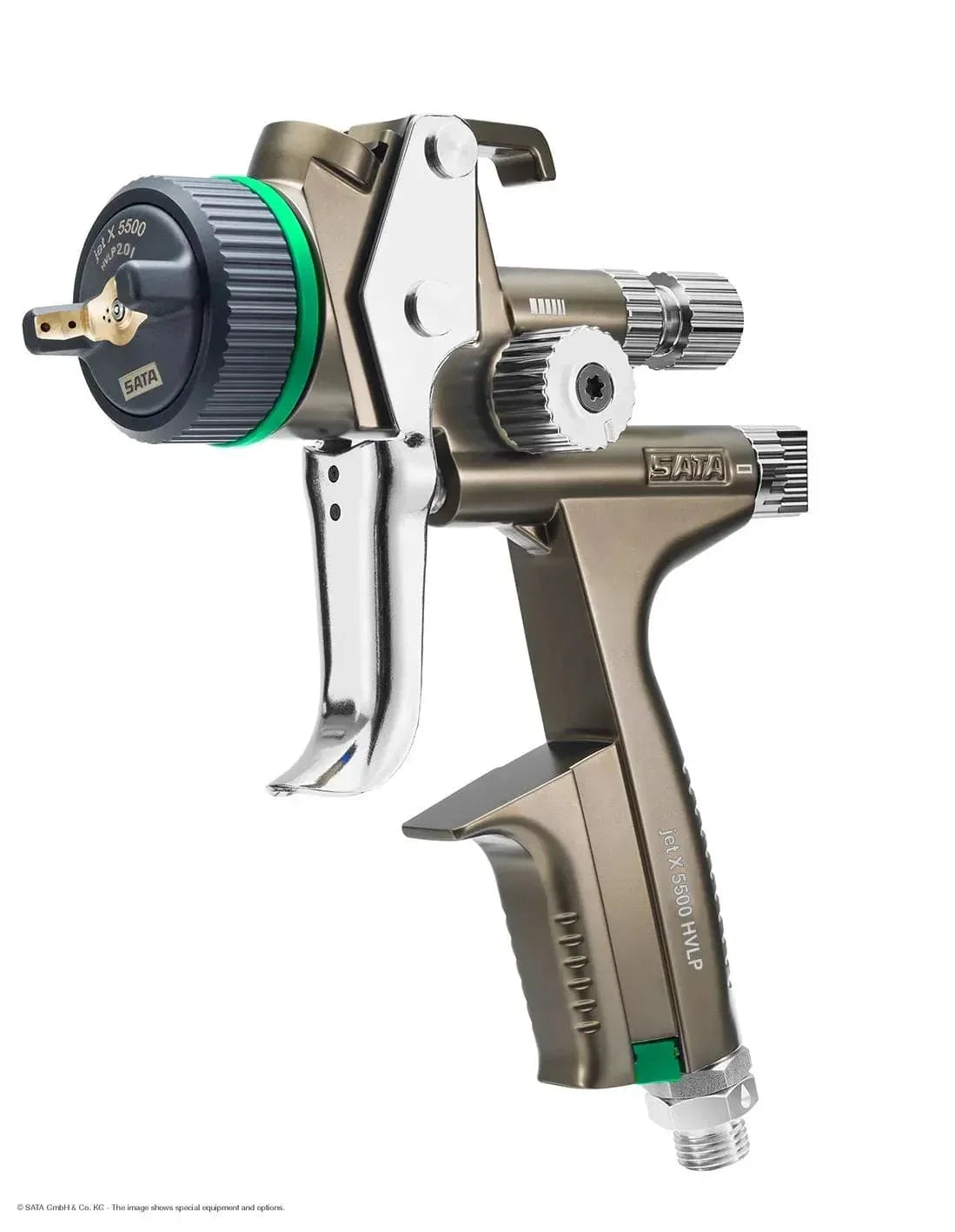 SATA Jet X 5500 HVLP spray gun with adjustable nozzles and ergonomic metallic body