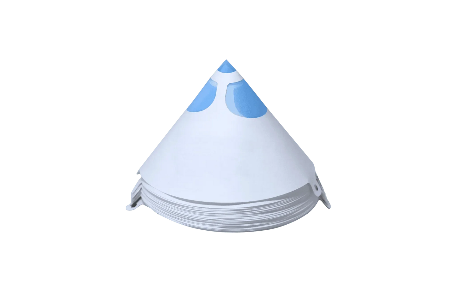 Stack of white disposable paper cone funnels with blue markings on top