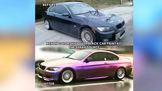 Before and after images of a BMW coupe showing black paint transformed with Xenon Colorshift spray paint kit to a vibrant purple-pink color