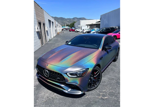 Silver Holographic Pearl Over Pitch Black Dip on a Mercedes Amg Gt43 — Optimum Motorsports Coating: DipYourCar’s Proline Pigments needed for this look: Color Match