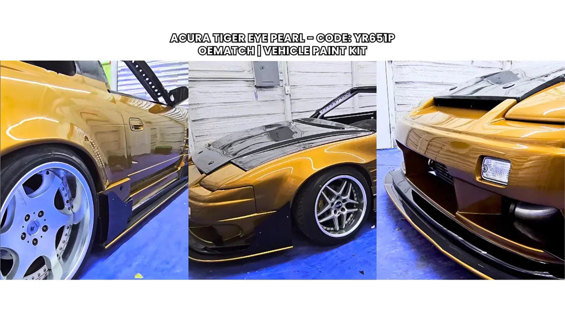 Acura sports car with Tiger Eye Pearl gold and black custom paint inside garage