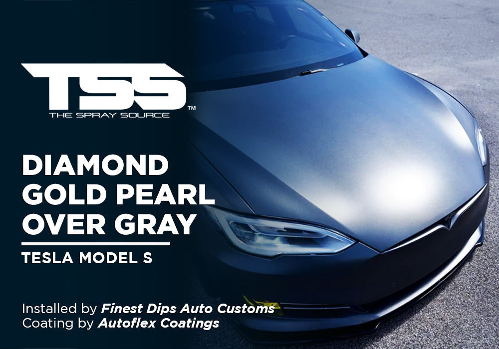Matte diamond gold pearl over gray Tesla Model S parked on asphalt, highlighting custom paint finish
