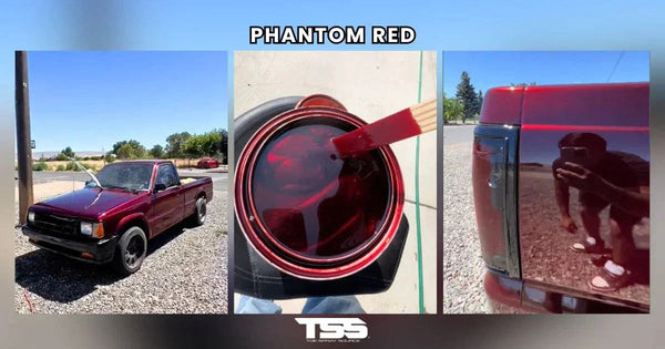 Glossy Phantom Red paint on pickup truck, red paint can with brush, and high shine truck tailgate reflection