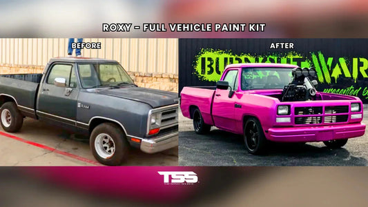 Before and after: Lacey Blair’s Dodge D150 truck transformed with Roxy pink paint
