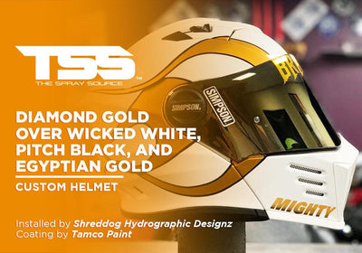 DIAMOND GOLD OVER WICKED WHITE, PITCH BLACK, AND EGYPTIAN GOLD | TAMCO PAINT | CUSTOM HELMET