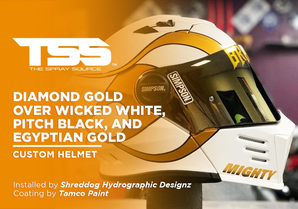 DIAMOND GOLD OVER WICKED WHITE, PITCH BLACK, AND EGYPTIAN GOLD | TAMCO PAINT | CUSTOM HELMET - The Spray Source