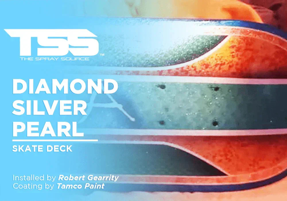 Diamond Silver Pearl skate deck with metallic paint applied by Tamco Paint and installed by Robert Gearrity