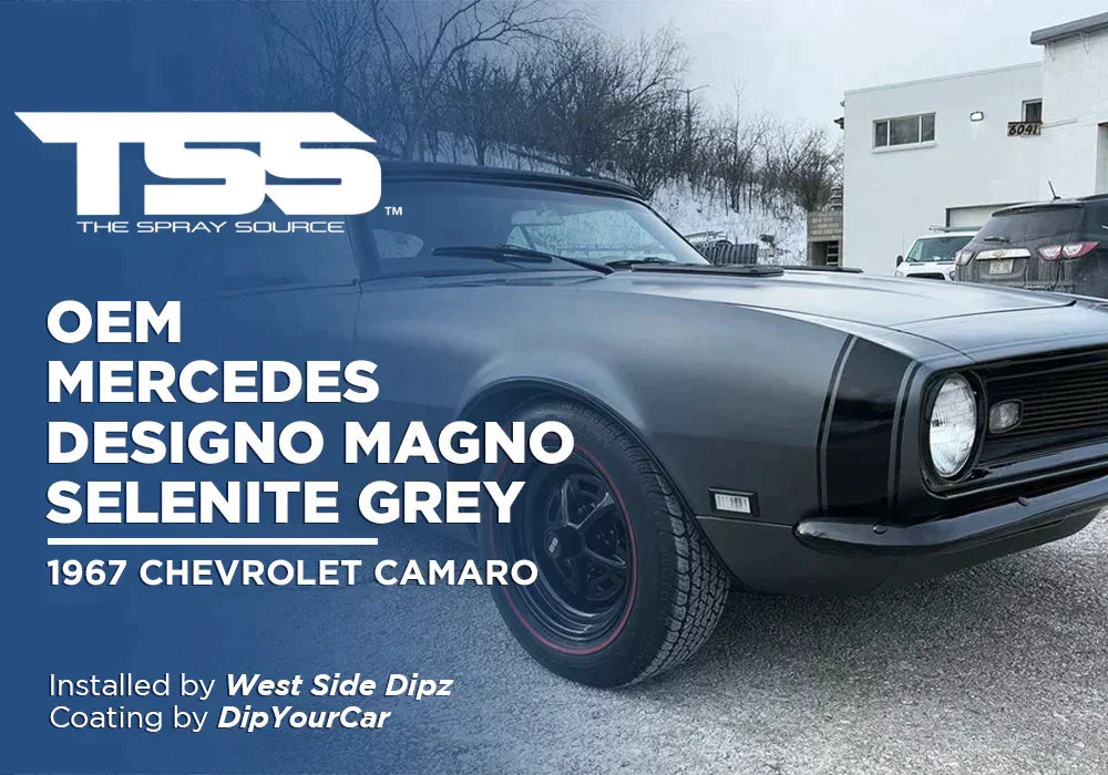1967 Chevrolet Camaro coated in OEM Mercedes Designo Magno Selenite Grey parked outdoors near buildings