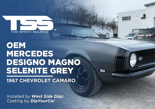 1967 Chevrolet Camaro coated in OEM Mercedes Designo Magno Selenite Grey parked outdoors near buildings