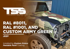 RAL #8011, RAL #1001, and Custom Army Green on Jeep