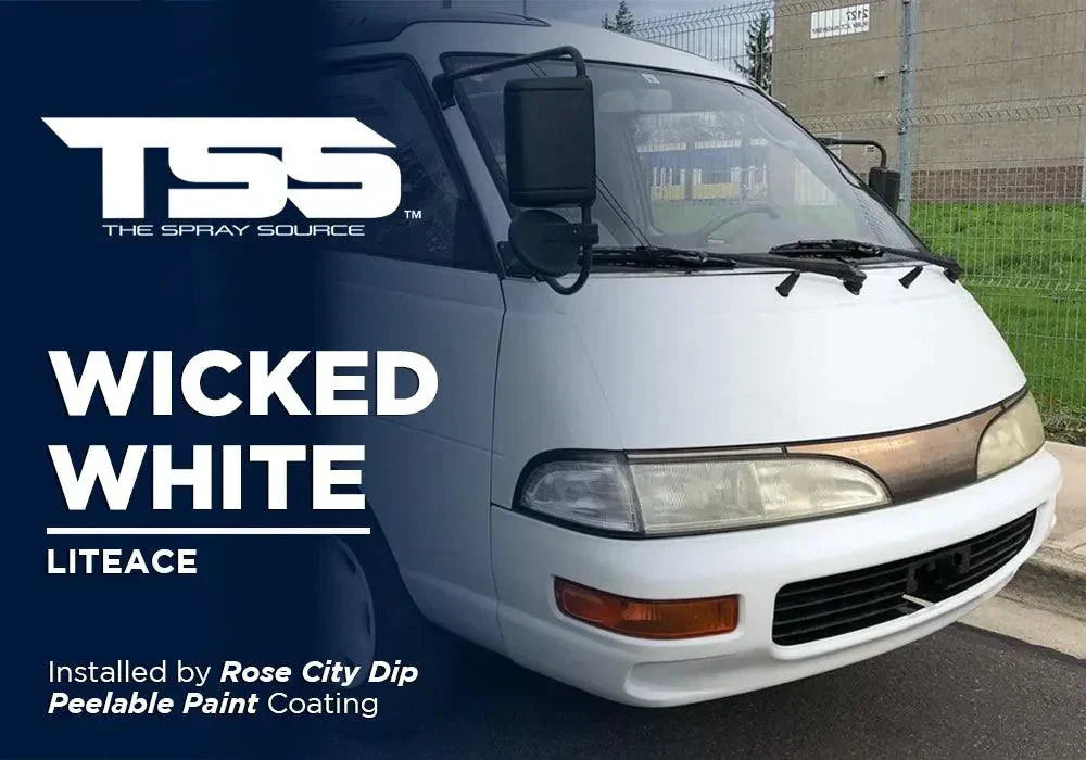 White Toyota Liteace van with Wicked White peelable paint by Rose City Dip in outdoor parking