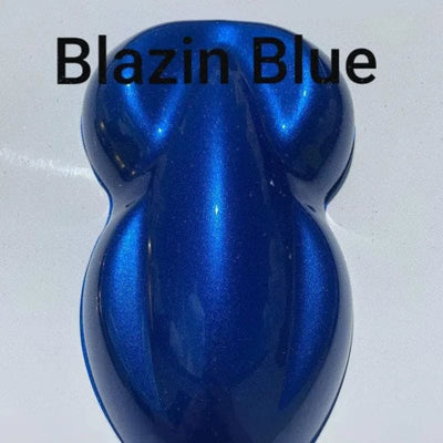 Metallic blue custom car paint sample labeled Blazin Blue on white background