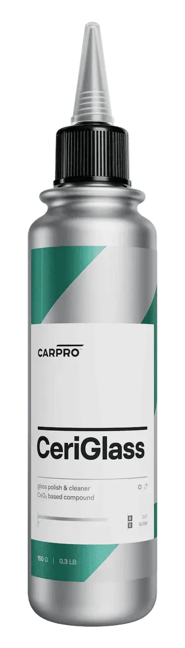 CarPro CeriGlass glass polish and cleaner bottle with black cap and green label